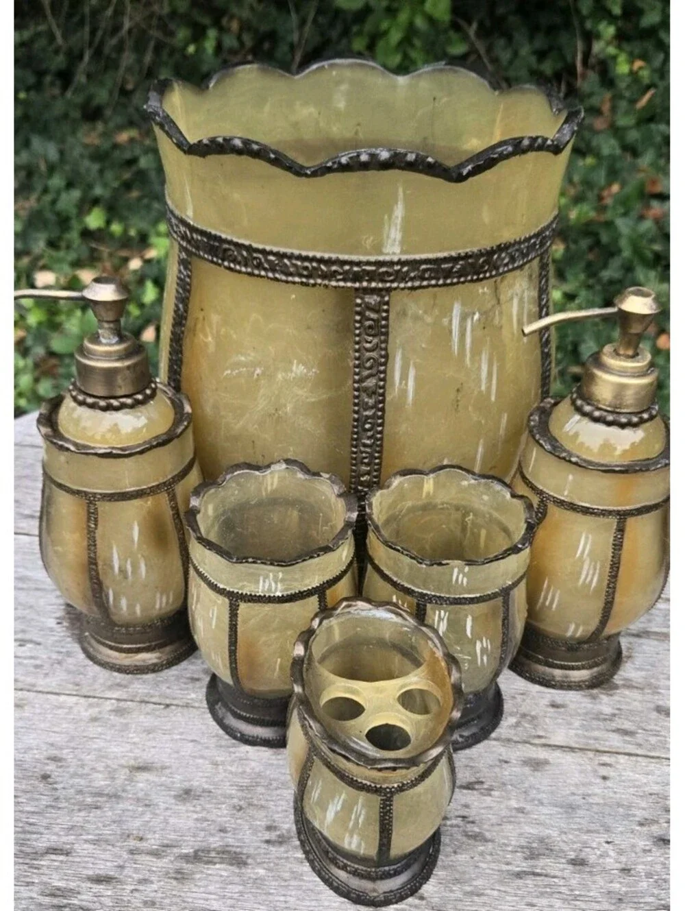 Greenish GOLD 6 Piece Bathroom Set Glass? Or Acrylic Metal Trim. Read